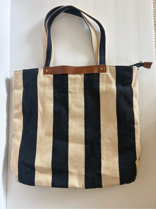 Street Level Handbags - Street Level Navy Cream Striped Canvas Tote Bag Large Shoulder Bag